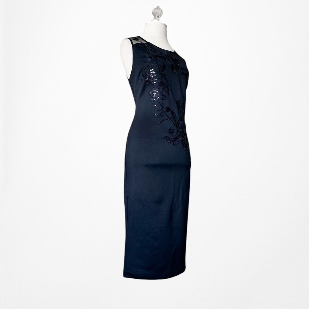 Vintage Y2K Tahari Navy Blue Bodycon Floral Mesh Sequin Cocktail Dress Size M - Picture 5 of 11